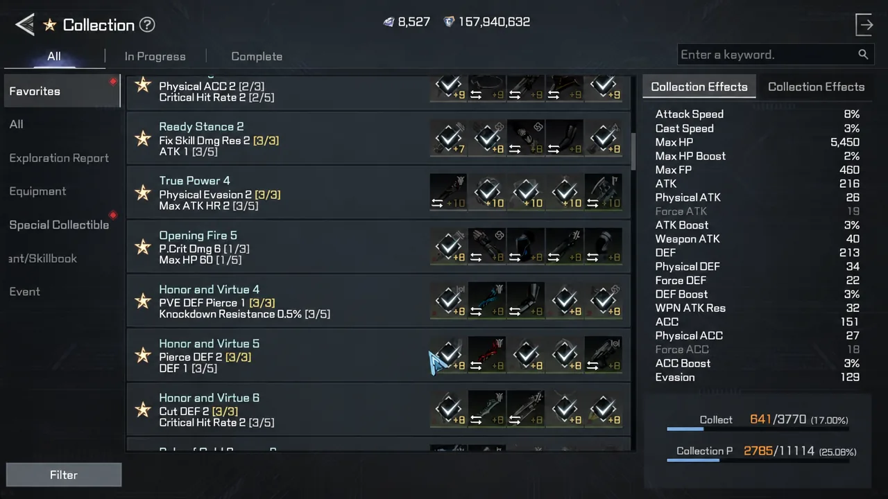 Collection screen showing Honor and Virtue entries with their Collection Effects listed