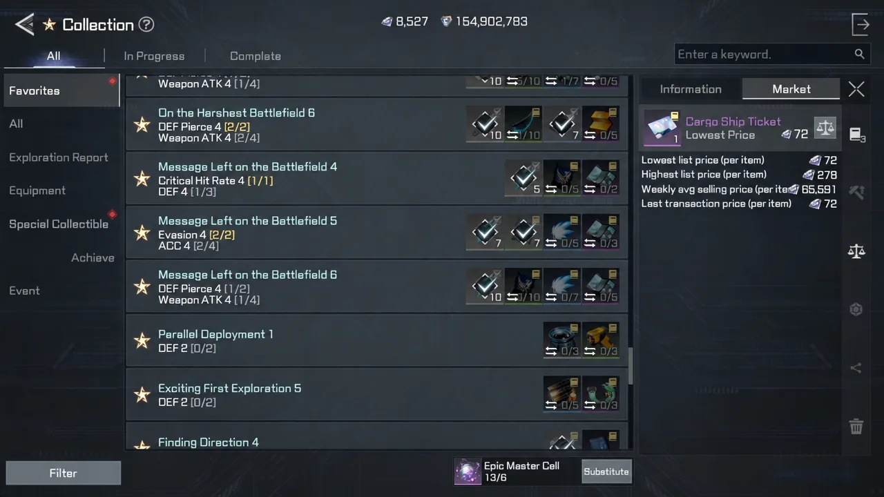 Cargo Ship Ticket selected on the Collection Market tab with its price details shown