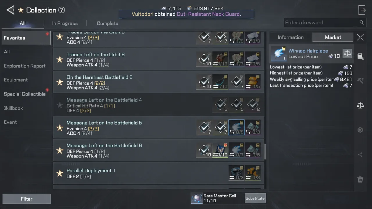 Winged Hairpiece shown on the Collection Market tab with its current price information