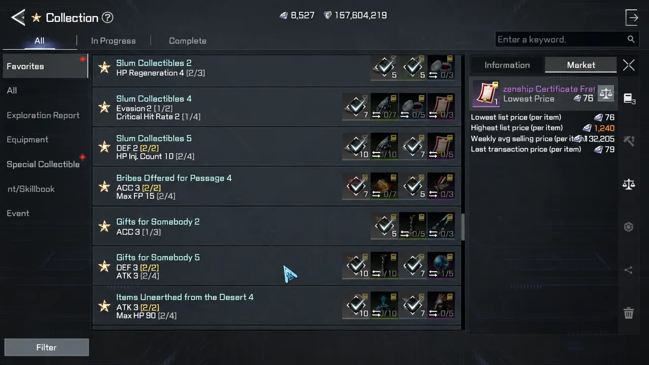 Market tab inside the Collection screen showing listings and price for a Zenship Certificate Fragment