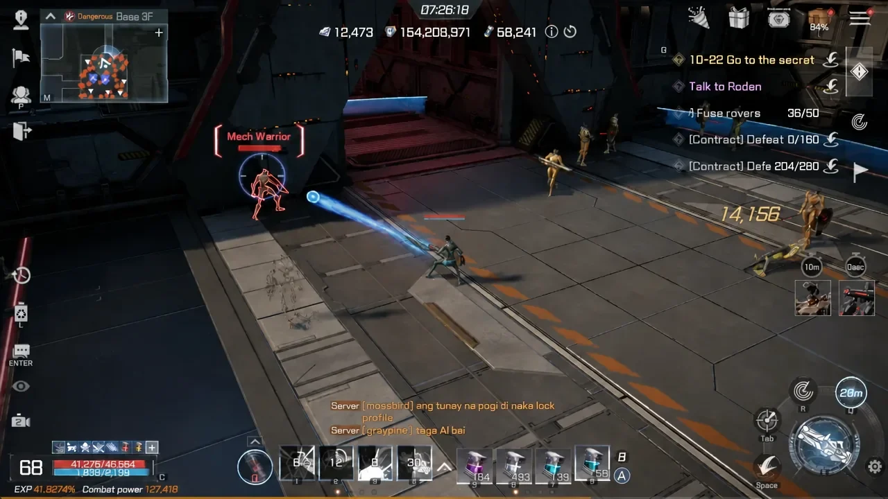 Player beam attack hitting a highlighted Mech Warrior enemy during a Secret Nemesis Base 3F run