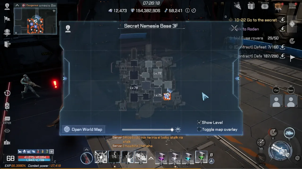Secret Nemesis Base 3F map overlay with an orange marker beside the Lv. 75 monster area