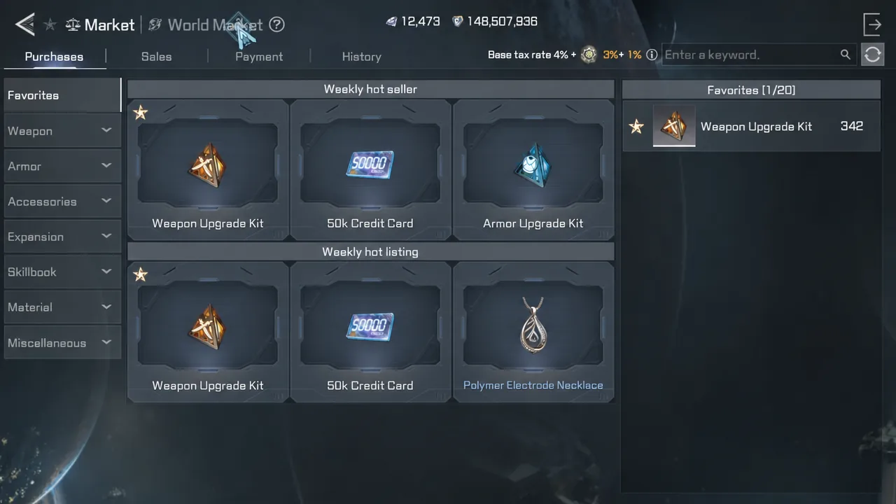 Market screen open on the Purchases tab with the Weapon Upgrade Kit selected under Favorites