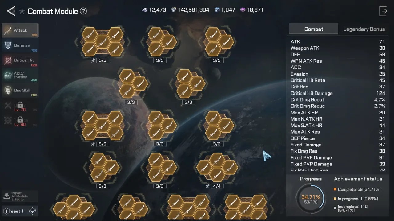 Combat Module screen with the Attack category selected, showing equipped weapon modules and stats