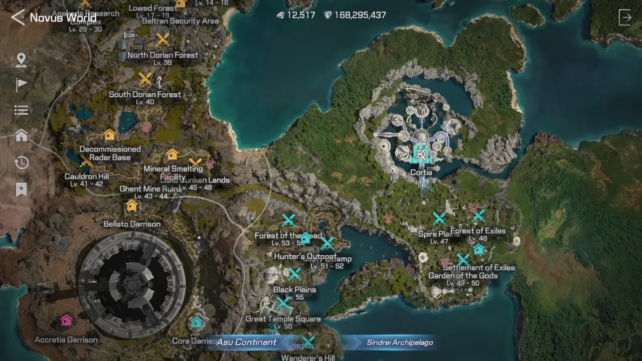Novus World Map with the Asu Continent tab selected, showing travel destinations