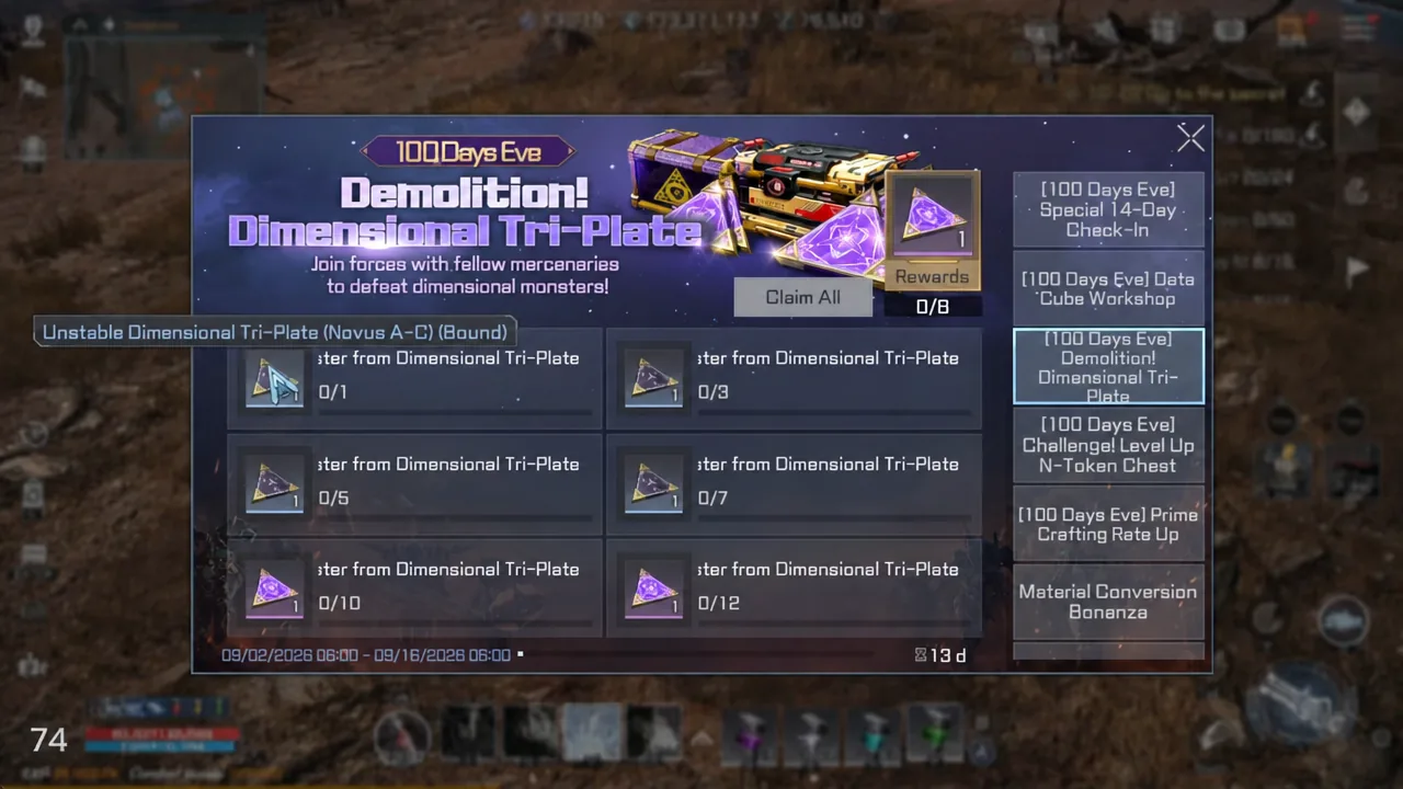 The Demolition Dimensional Tri-Plate event page showing objectives and reward list