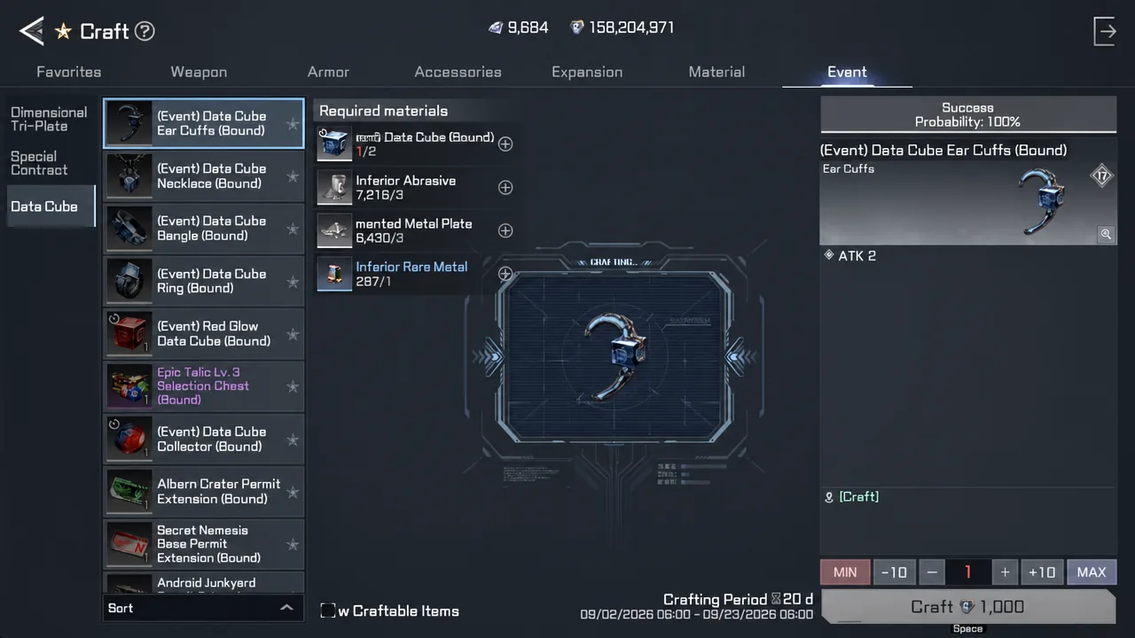 Craft screen open on the Event Data Cube tab with Data Cube Ear Cuffs selected for crafting