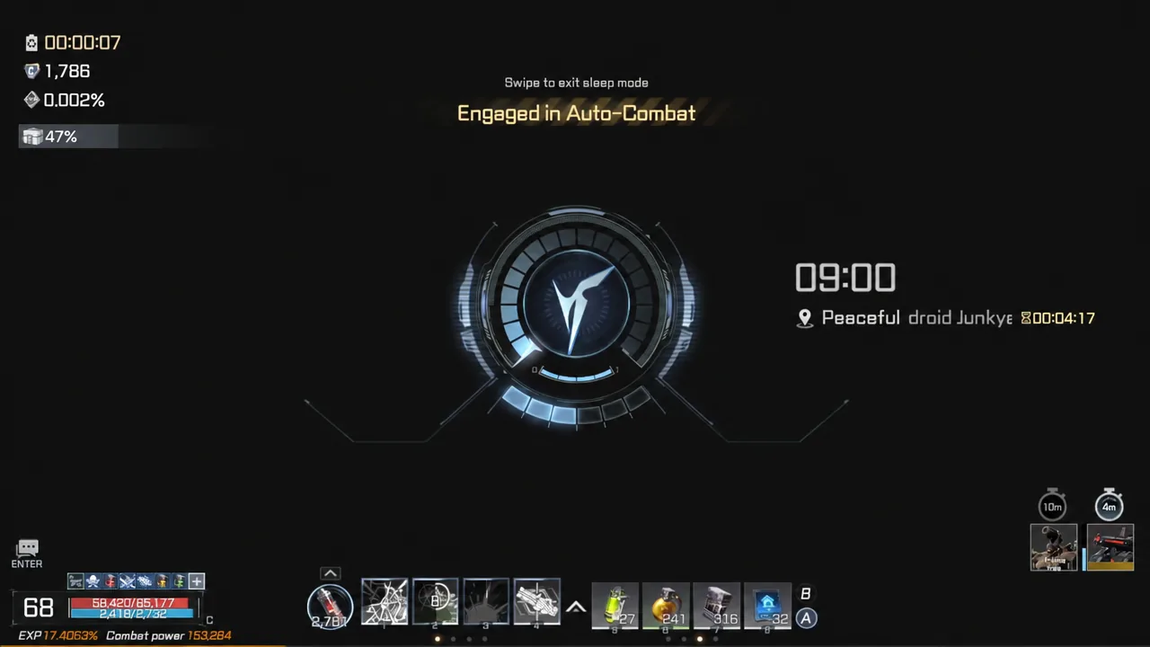 The Engaged in Auto-Combat screen running a timed farming session in sleep mode