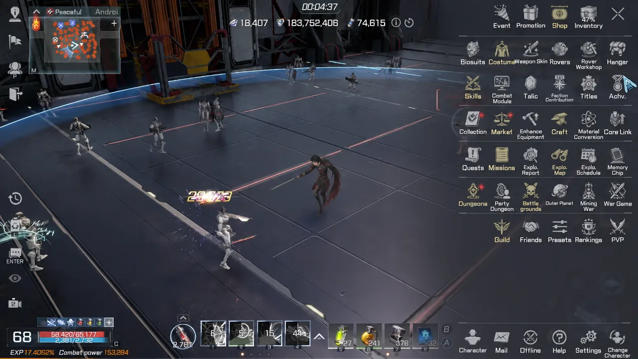 The in-game main menu open mid-fight, with the Skills button highlighted