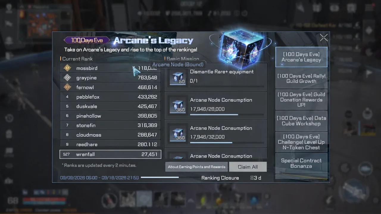 The Arcane's Legacy event screen showing the Arcane Node (Bound) basic mission reward