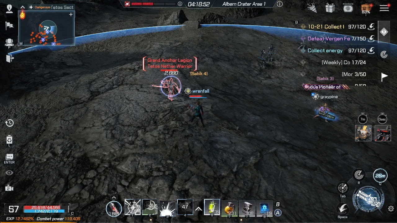 Combat in Albern Crater Area 1 targeting a Grand Anchor Legion Tetsos Nether Warrior