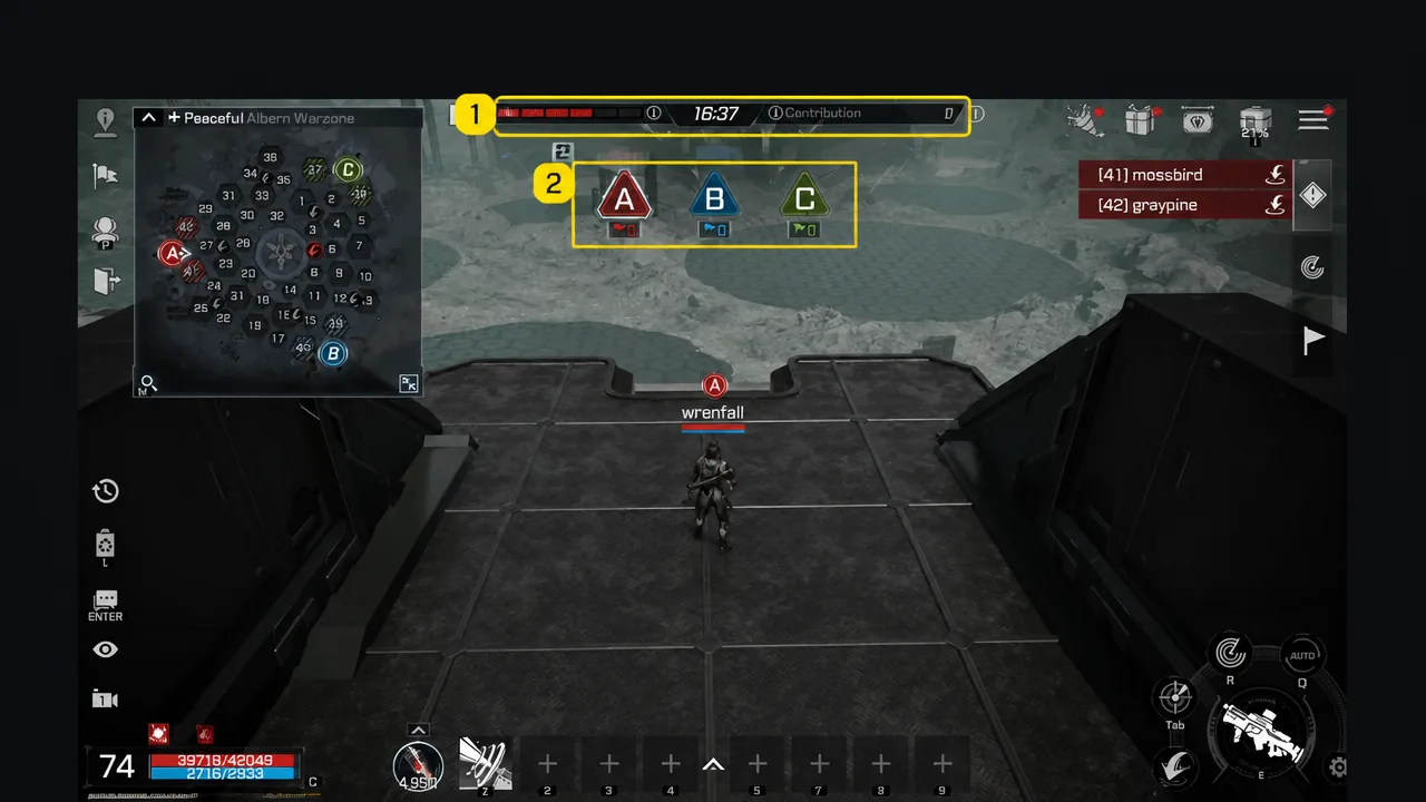 Warzone HUD showing the match status bar with the timer and the A, B and C objective indicators