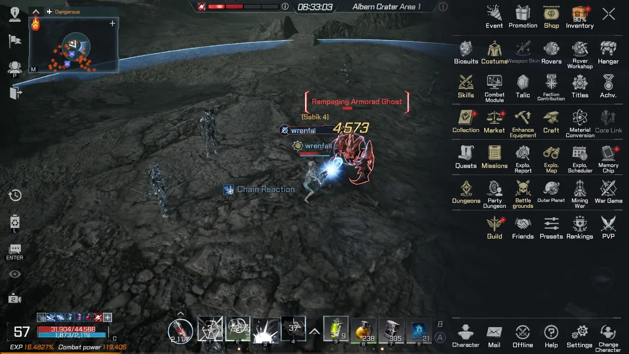 Player attacking a Rampaging Armored Ghost in Albern Crater Area 1 with the main menu open