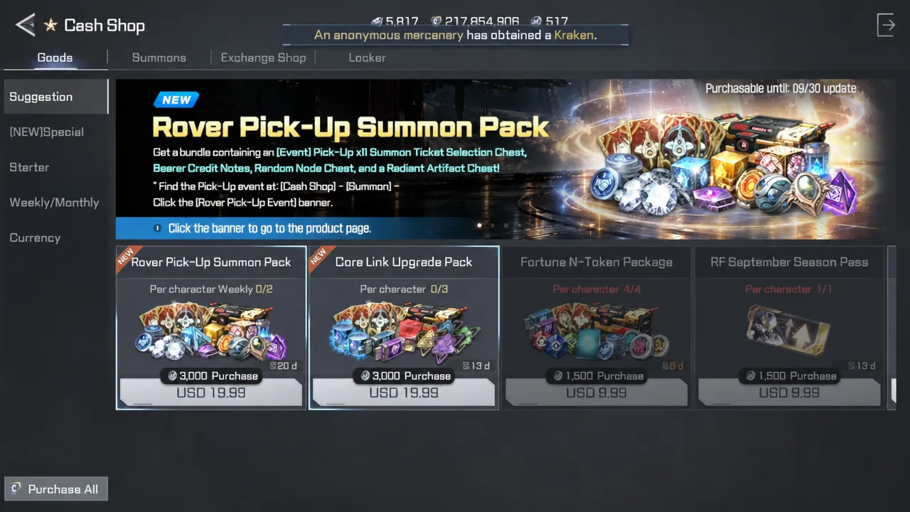 Cash Shop Goods tab with the Rover Pick-Up Summon Pack banner selected