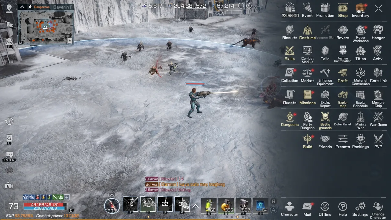 Main menu open with the Costume button highlighted during a fight in a snowy arena