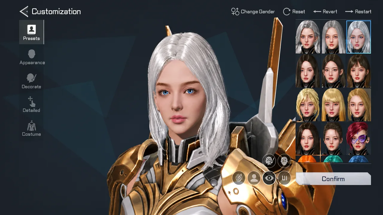 Character customization screen with the Presets tab open and a face preset highlighted