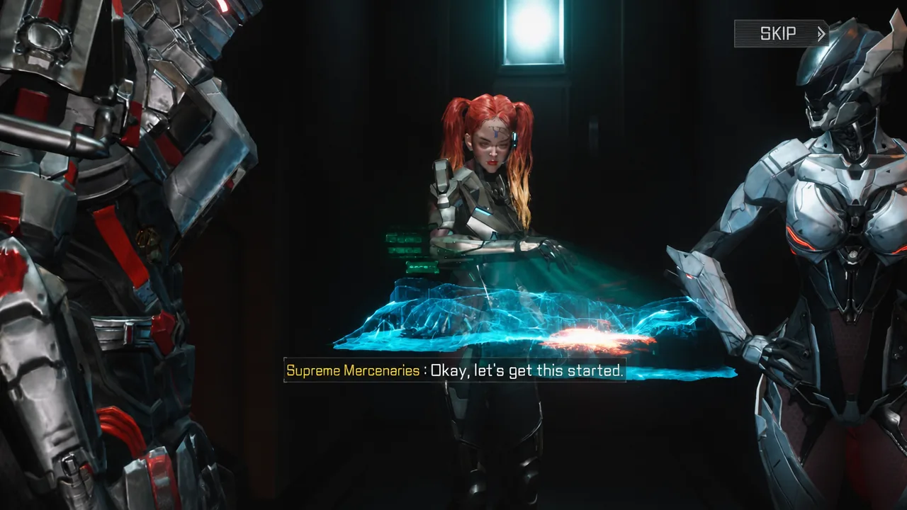Prologue cutscene dialogue playing with the SKIP button shown in the upper-right corner