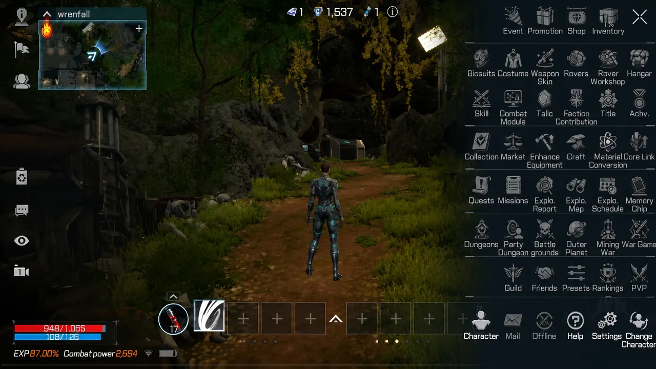 In-game main menu open over the game world with the Inventory button visible