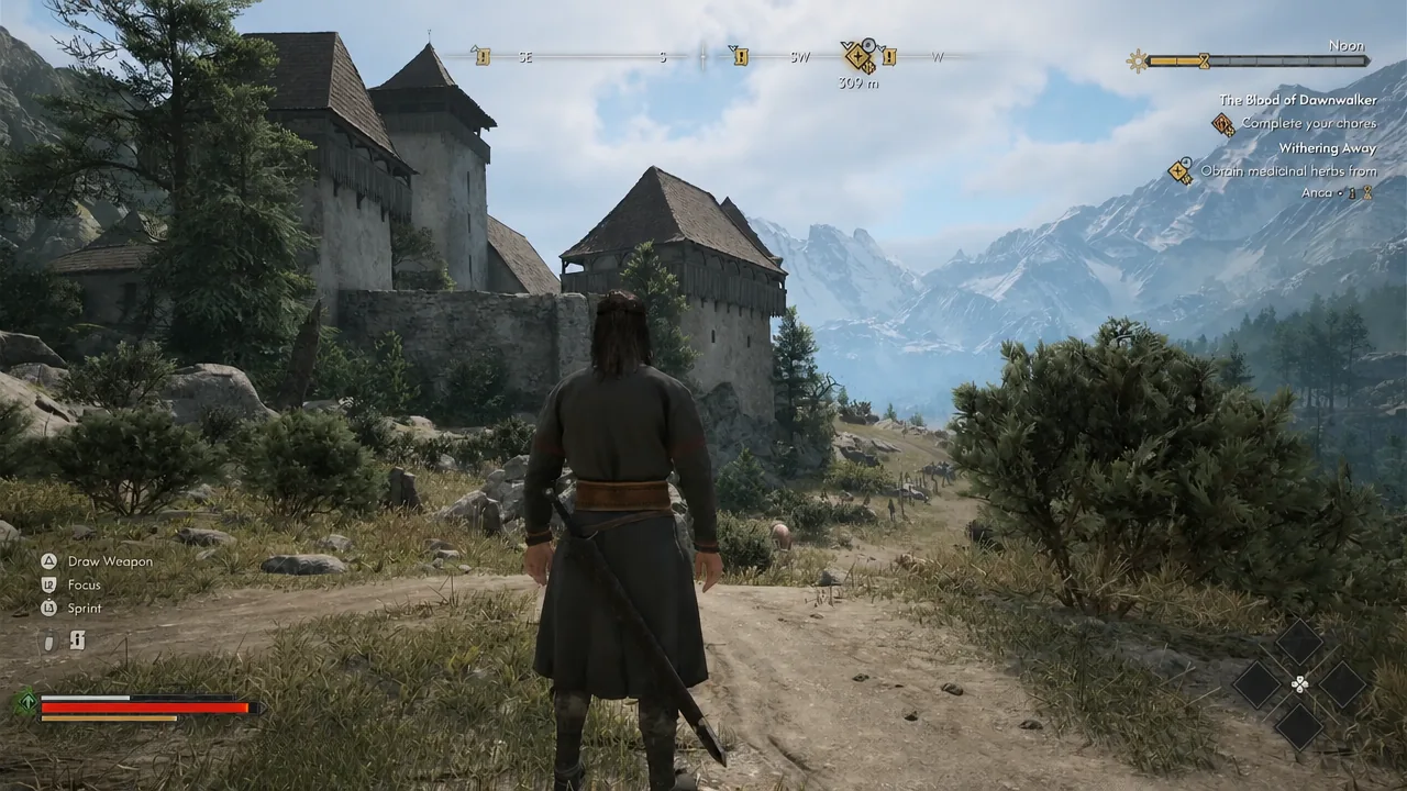 Coen climbing rocky terrain with the chores and medicinal herbs objectives listed on screen