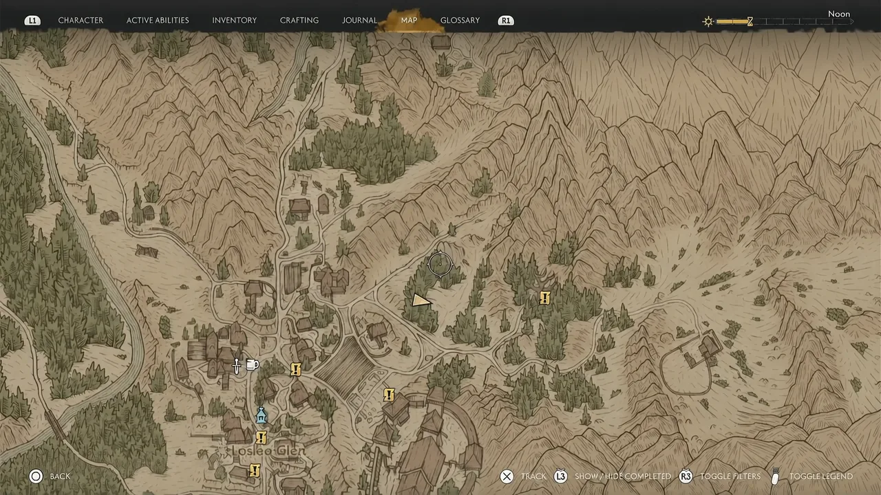 The MAP tab open in the menu showing the regional map and its location markers