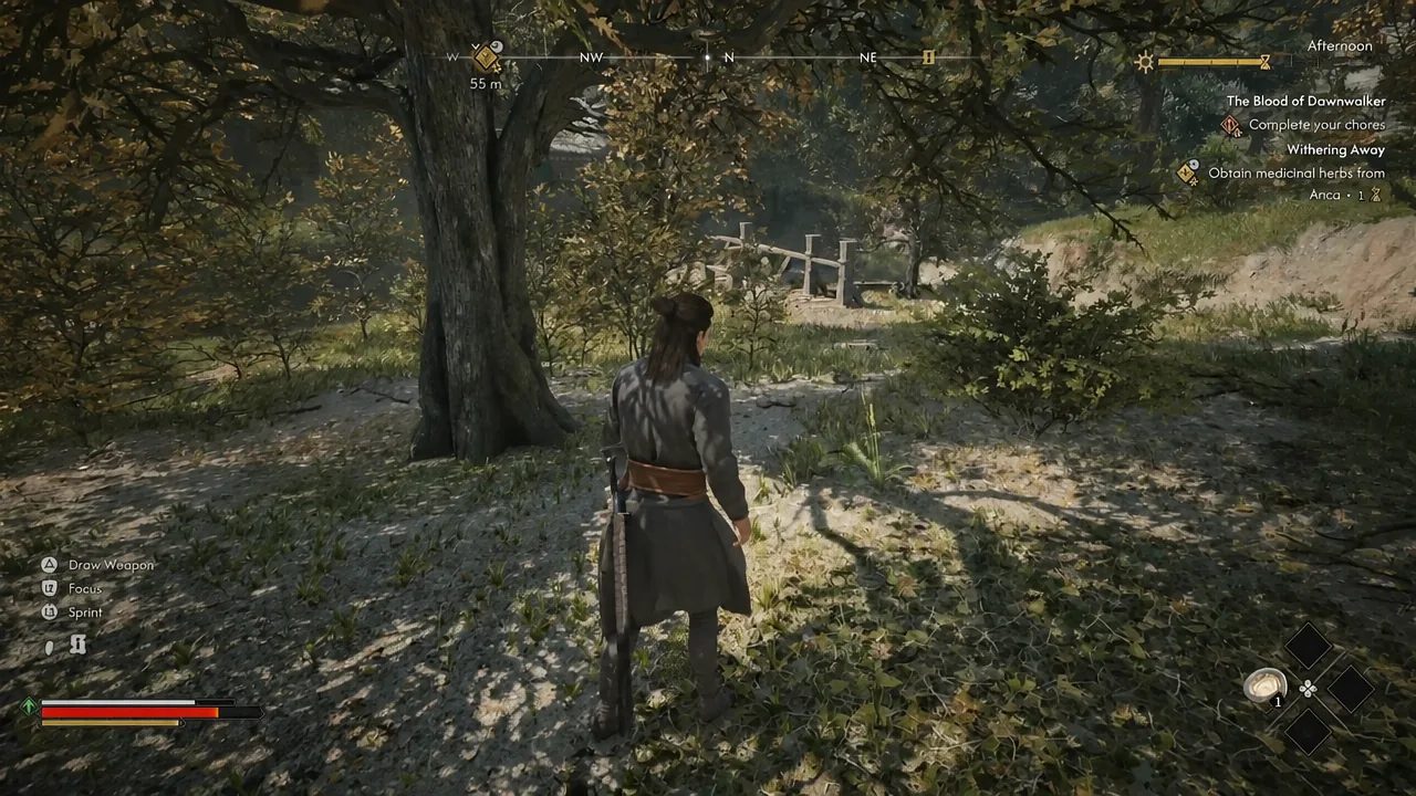 Withering Away objective on screen as the player approaches the herb near a wooden fence