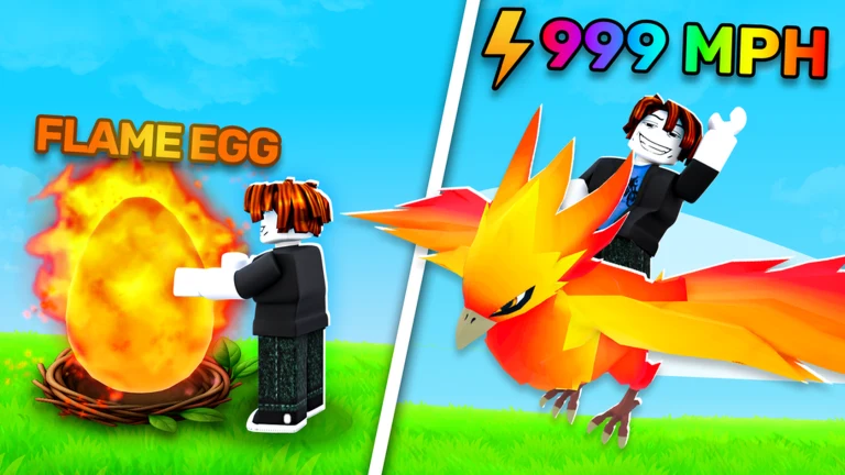 A blocky player poses beside a flaming egg and a flying fiery phoenix above a grassy field in daylight.
