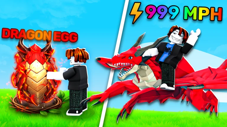 A blocky player rides a red dragon beside a dragon egg above a grassy field in daylight.