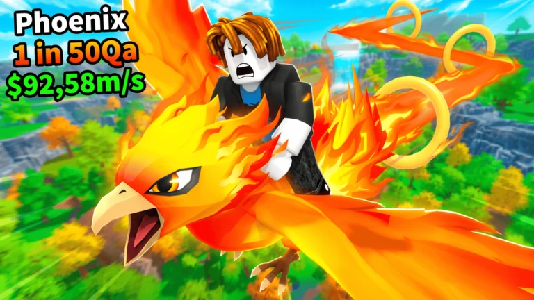 A blocky player rides an orange phoenix above a colorful forested landscape in daylight.