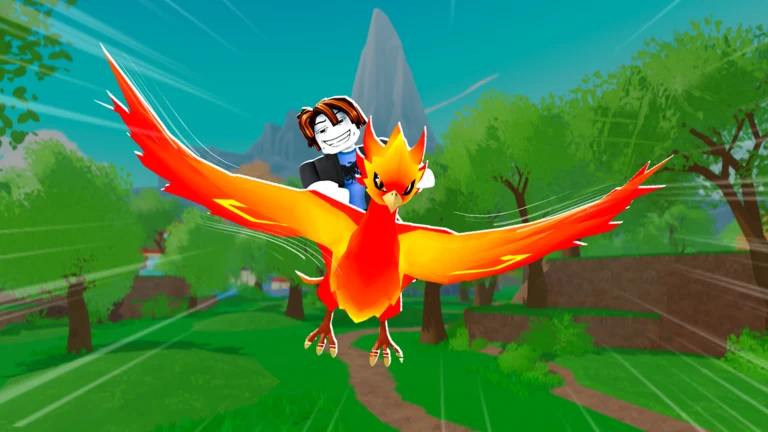 An orange phoenix flies toward the viewer above a forested landscape with mountains and a dirt path in daylight.