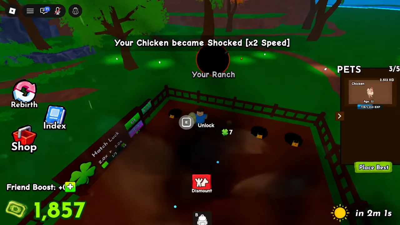 On the Your Ranch screen, the highlighted E Unlock prompt shows the player unlocking a ranch plot
