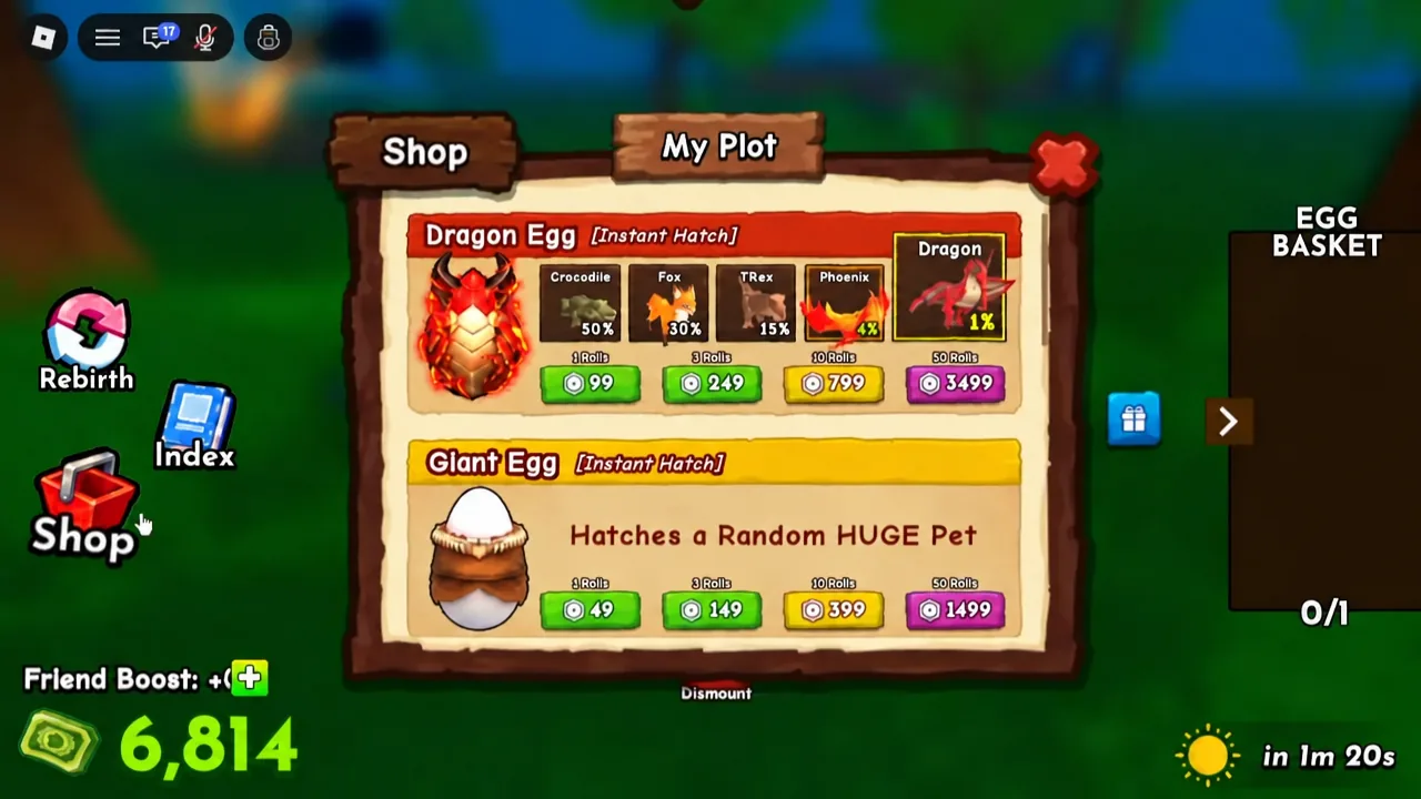 On the Shop screen, the Dragon option in the Dragon Egg panel is highlighted while choosing an instant-hatch egg purchase