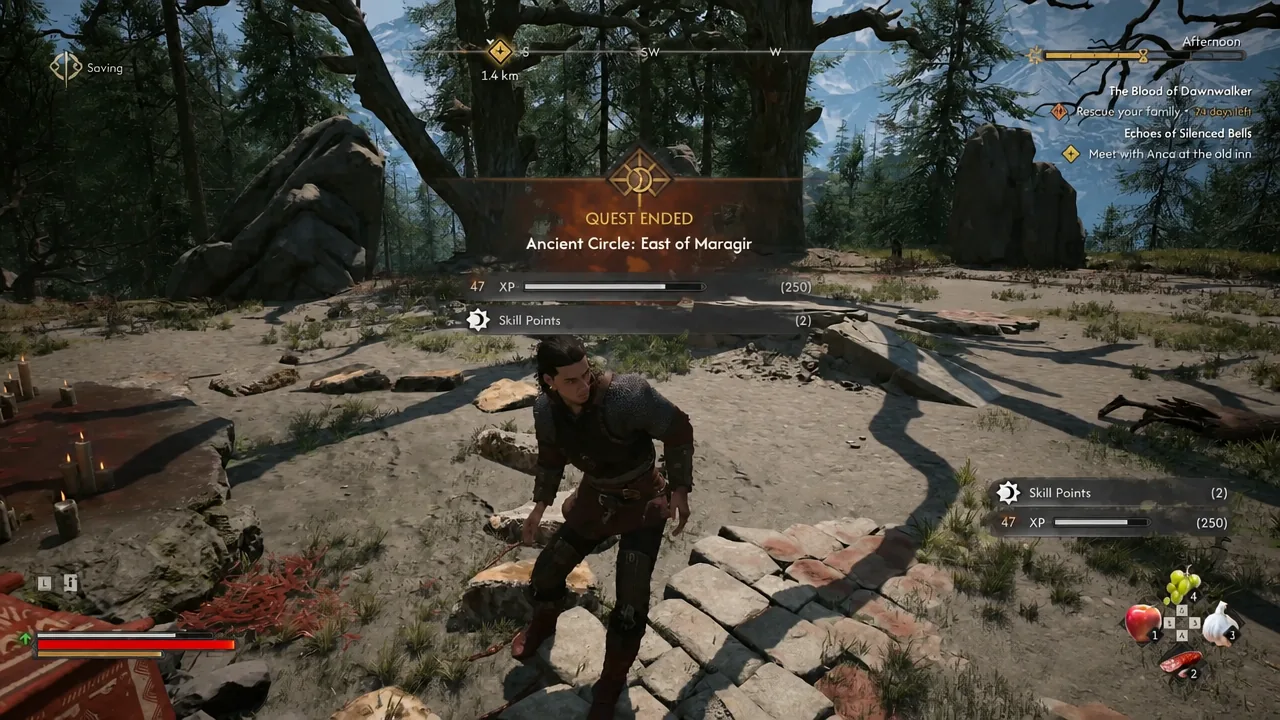 Quest Ended notification for Ancient Circle: East of Maragir showing XP and Skill Points earned