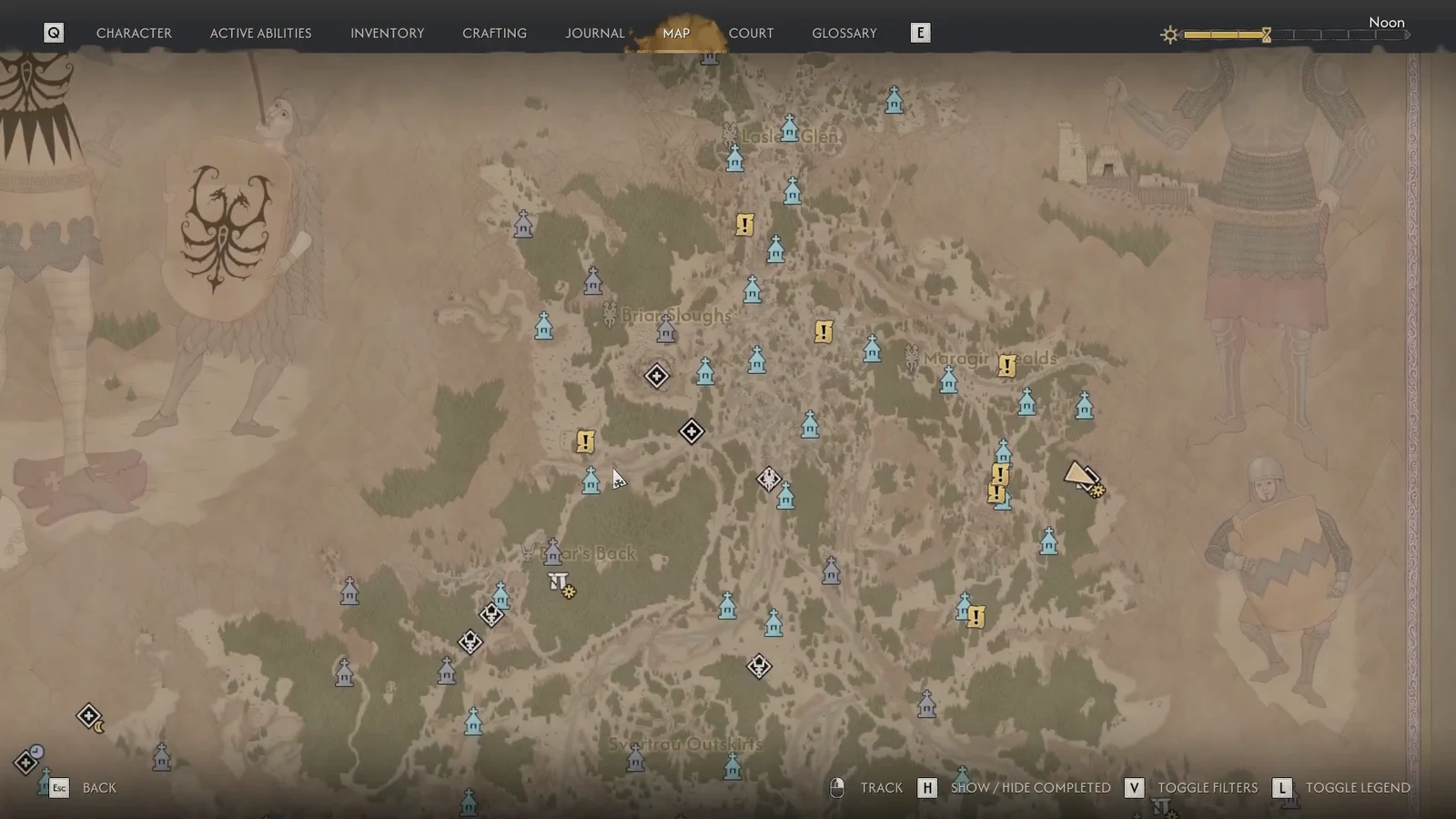 Vale Sangora world map open with settlement icons and yellow quest markers while picking a destination