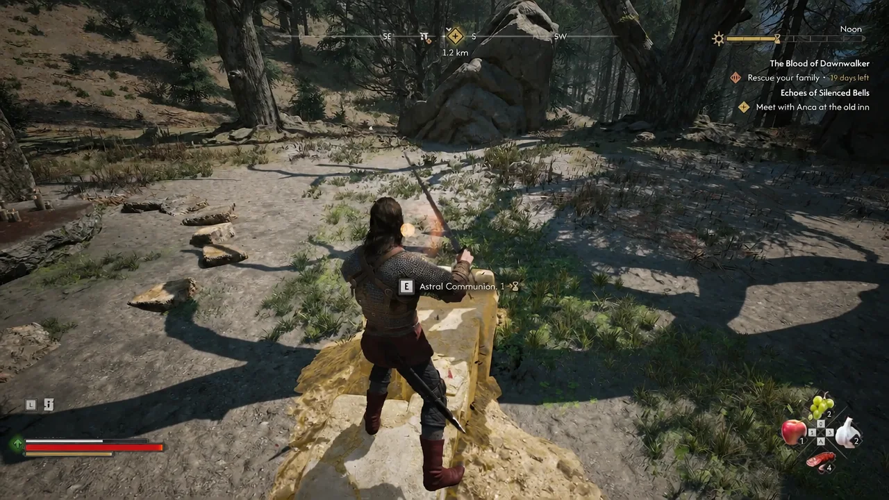 Interaction prompt to activate Astral Communion at the highlighted broken stone pillar