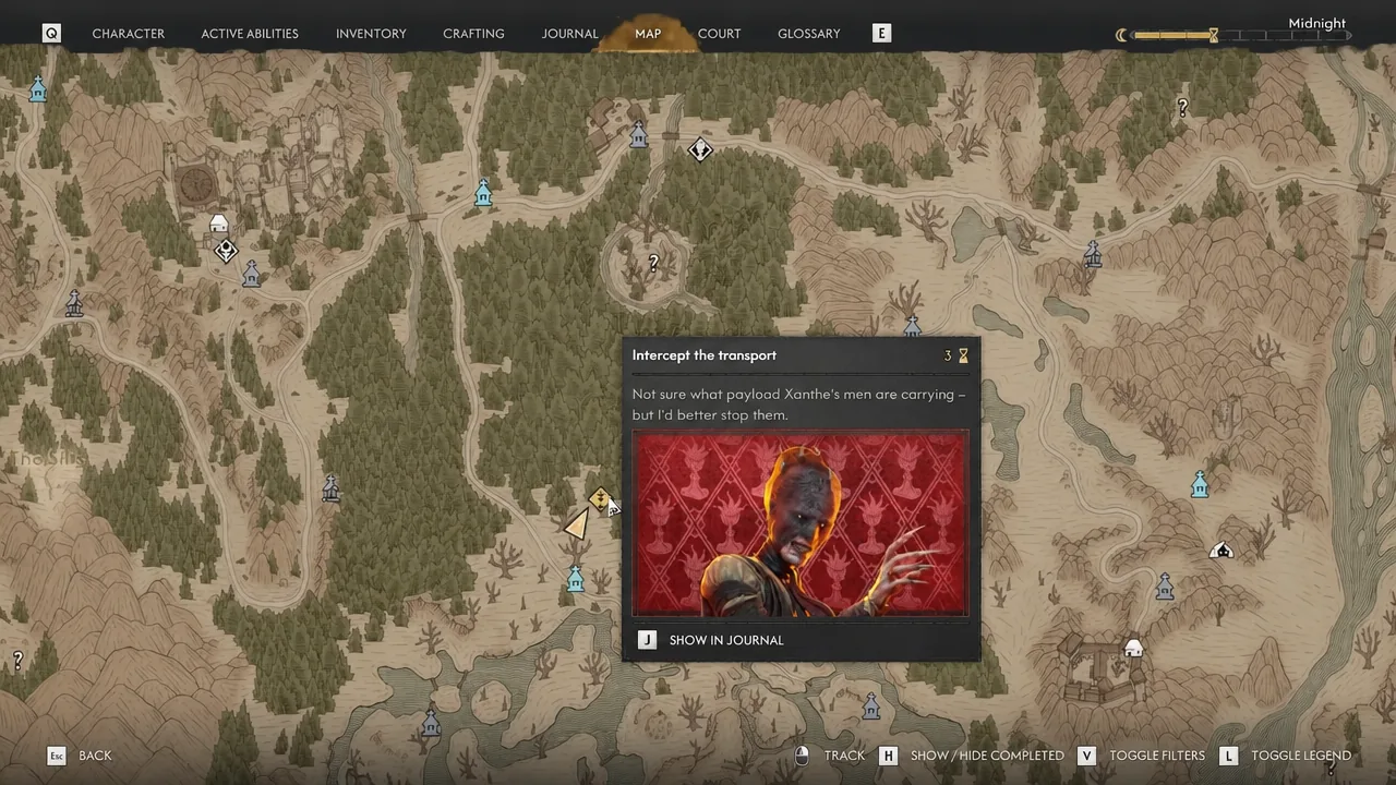 Map screen with the Intercept the transport objective marker open south of Sybilla's