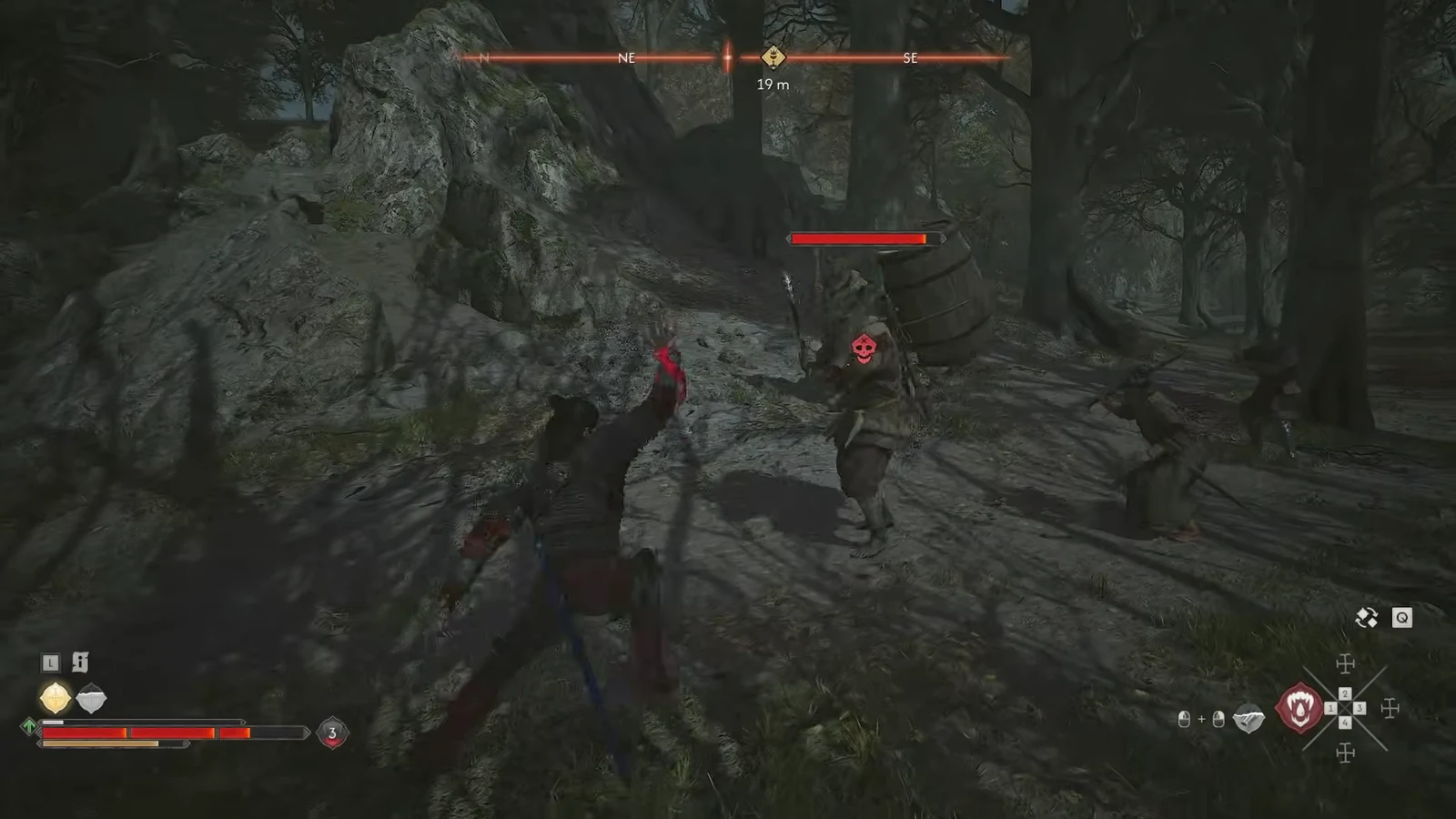 Coen attacking a skull-marked transport guard with a red health bar in the forest