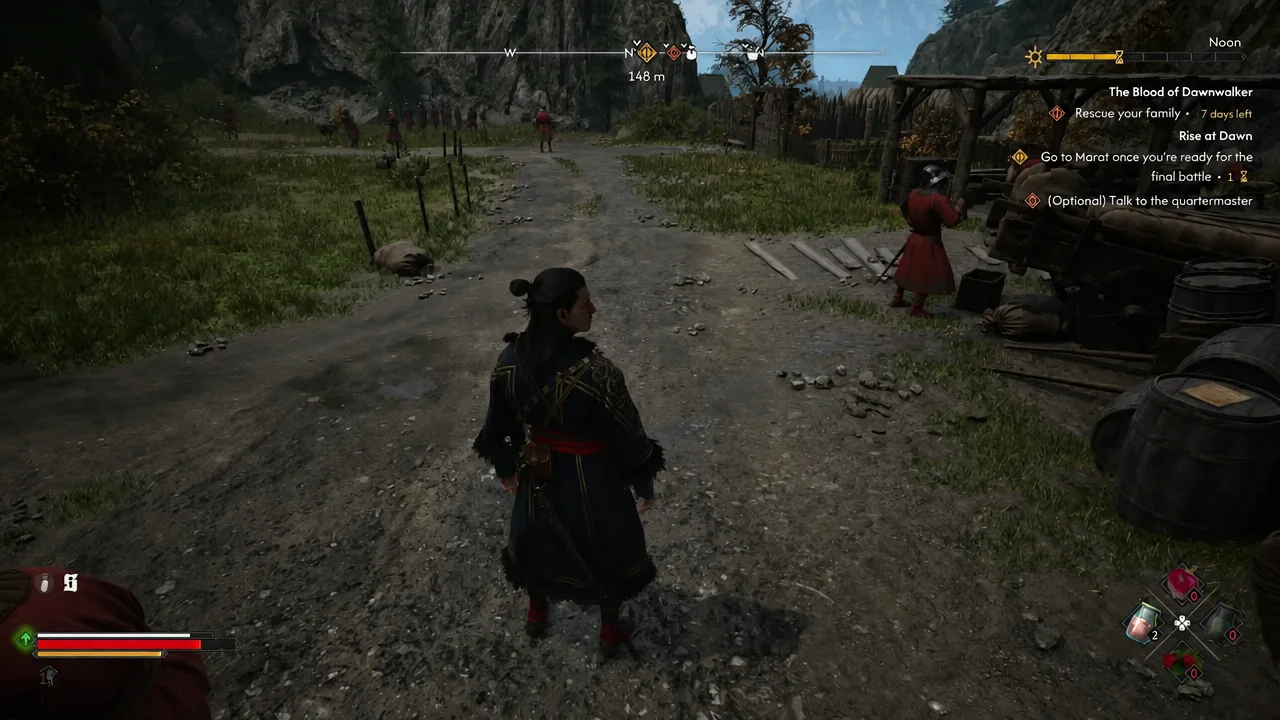 Quest HUD showing the optional objective to talk to the quartermaster in the captured camp