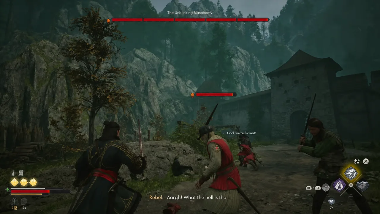 The Unblinking Blasphemy boss health bar on screen during the Eastridge courtyard fight