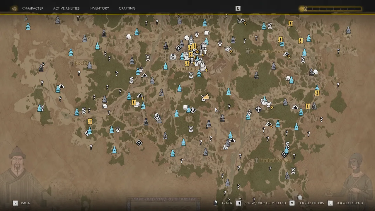 World map screen covered in location and quest markers around Svortrau City