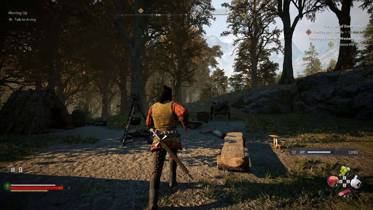 Coen moving through a forest bandit camp with an active quest objective on screen