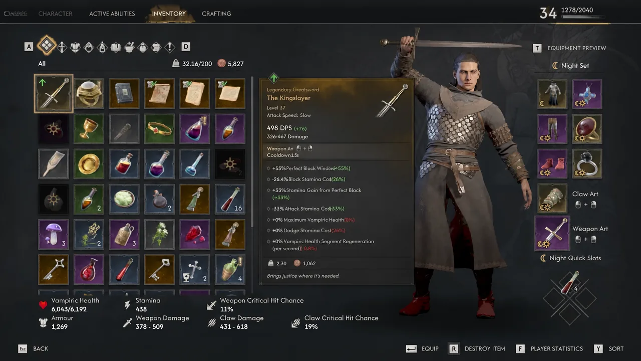 Inventory screen with The Kingslayer selected, showing its stats and character preview