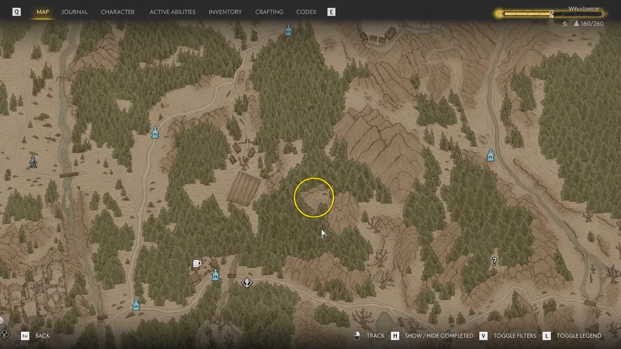 Map screen with a yellow circle highlighting the eastern bandit camp