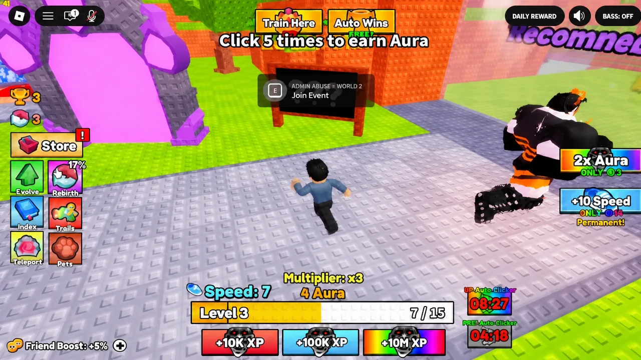 In-world ADMIN ABUSE World 2 event prompt with the E key highlighted to join
