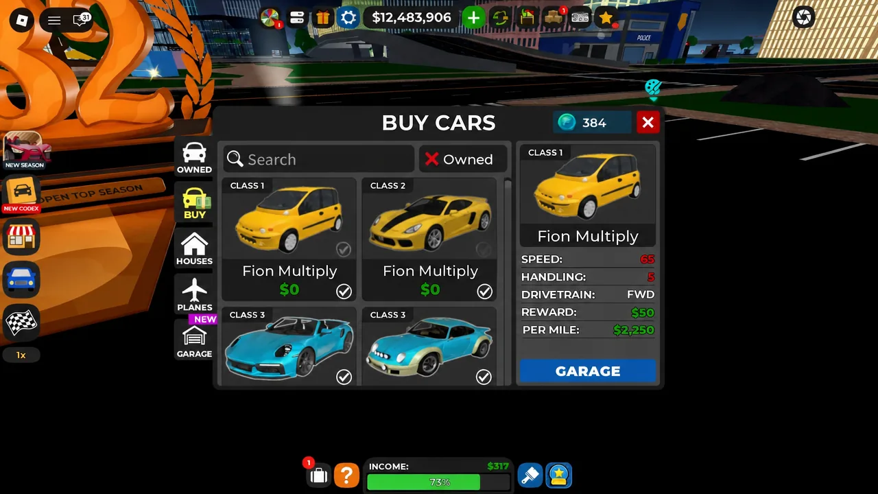 The BUY CARS menu with the BUY tab open while scrolling through the vehicle list