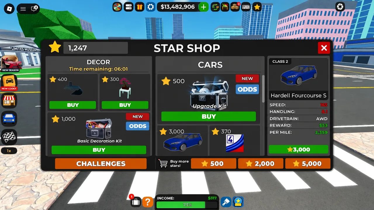 STAR SHOP CARS section with the Hardell Fourcourse S and its 3,000-star price