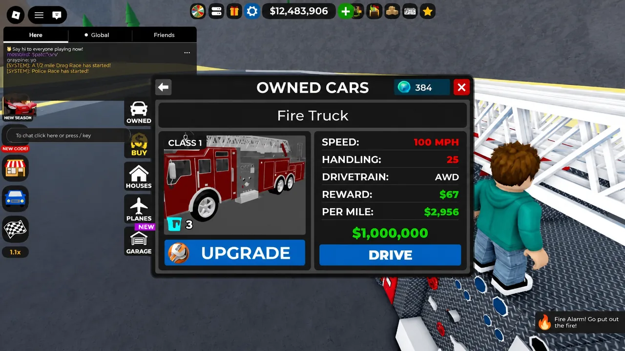 Owned Cars screen showing the Fire Truck with its stat readout and the Drive button