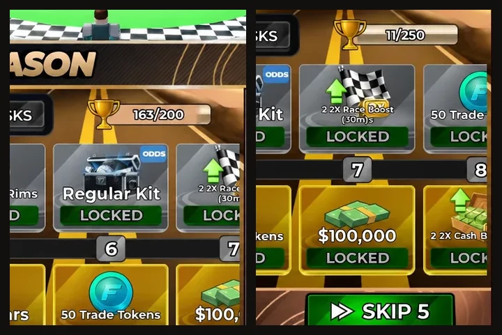 Two OPEN-TOP SEASON pass screens side by side, one showing progress and one with a claimable reward