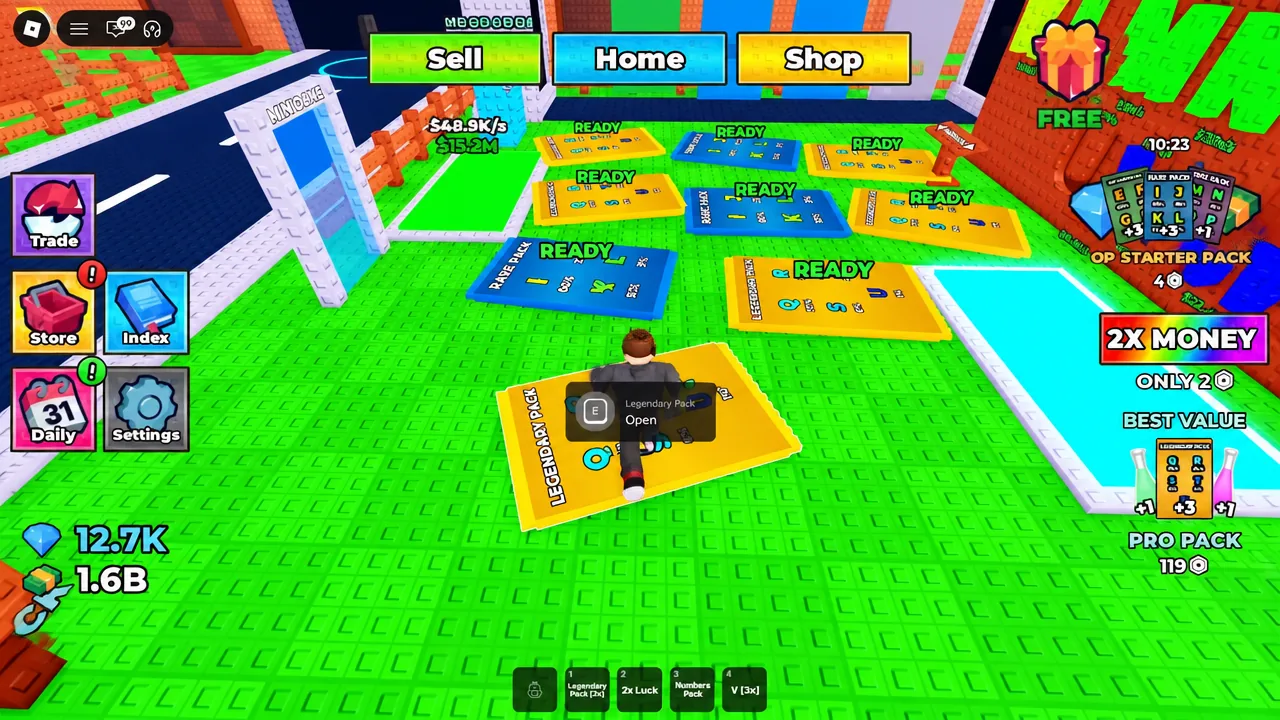 A Legendary Pack on the board showing the E Open prompt, ready to reveal a letter