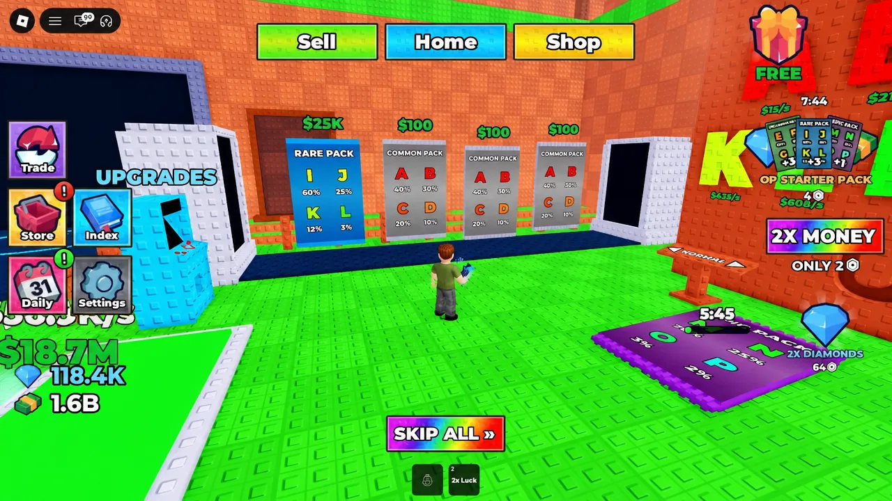 The Upgrades screen in Collect The Alphabet with a Rare Pack shown among the listed items