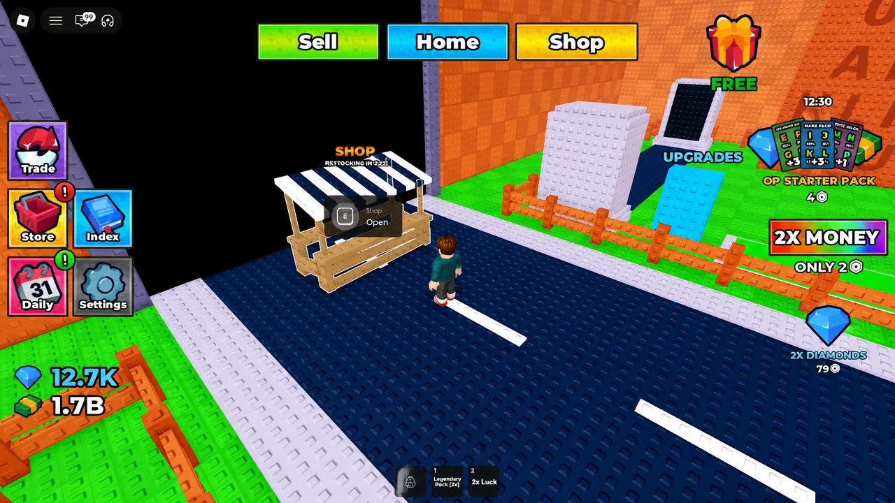 Shop stall highlighted in Collect The Alphabet with the E prompt to open the Shop menu